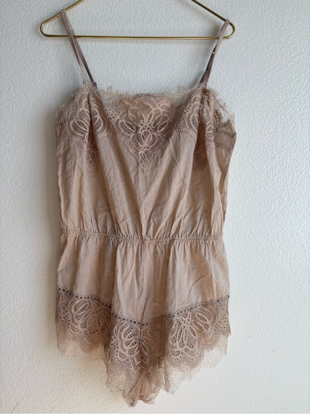 Victoria's Secret Lace-Trim Chemise Romper in Nude Taupe